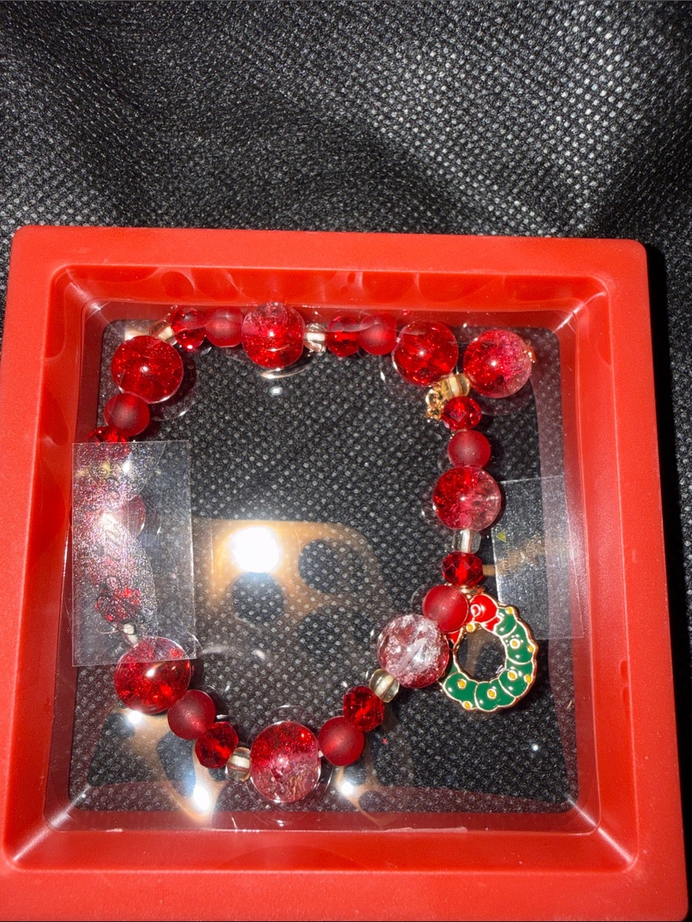 Red Beaded Bracelet with Festive Wreath Charm